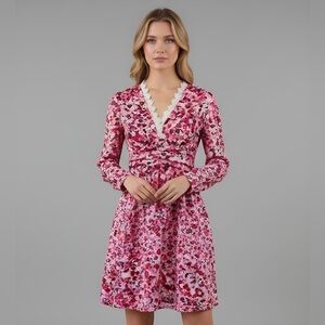 Floral Print Guipure Lace Trim Ruched Front Dress
